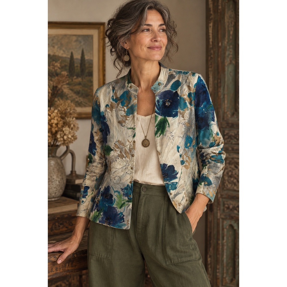 Coldwater Creek Jacket Womens 12 Blue Floral Cotton Snap Front Lined Pockets